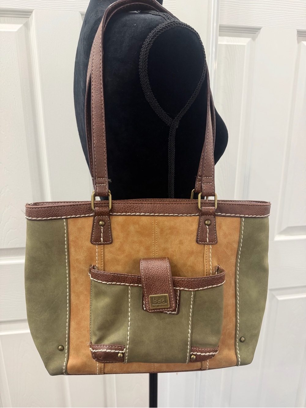 boc Olive and Tan Two-Tone Shoulder Tote with Brown Trim